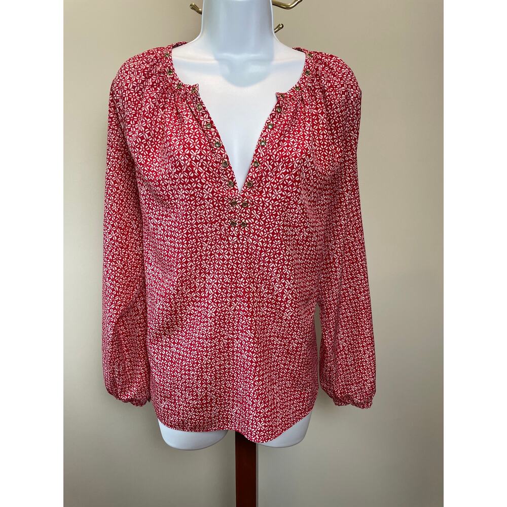 Michael Kors Top Size M Red White Boho Long Sleeve V Neck Gold Ring Detail